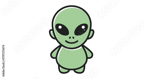 Cute Green Cartoon Alien Character with Big Eyes.