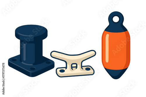 Set of essential marine equipment including a bollard, a cleat, and a protective boat fender