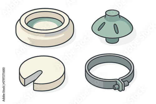 Isometric abstract components: bowl, clamp, mushroom shape, and circular wedge