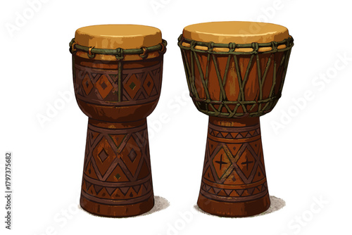 Traditional African djembe hand drums with carved wooden bodies and leather heads
