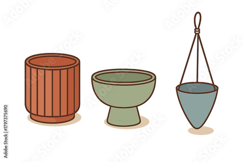 Collection of three empty decorative indoor plant pots and hanging planters