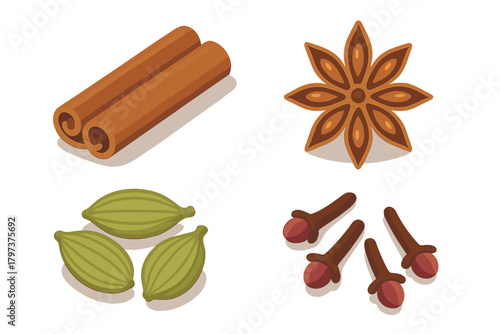 Isometric culinary spices set with cinnamon sticks, star anise, cardamom, and cloves