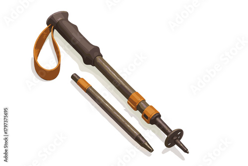 Modern collapsible hiking stick with ergonomic grip and wrist strap for mountain climbing and backpacking