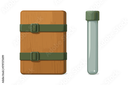 Stylized wooden storage container with green straps and laboratory test tube