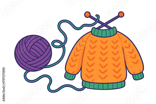 Knitting project with orange sweater yarn ball and crossed needles