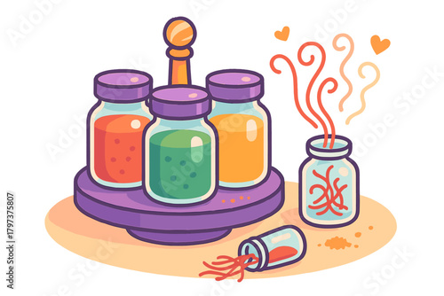 Rotating kitchen spice rack with jars of ingredients and fragrant saffron threads