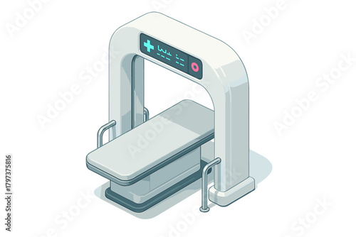 Isometric futuristic medical scanner with patient examination bed