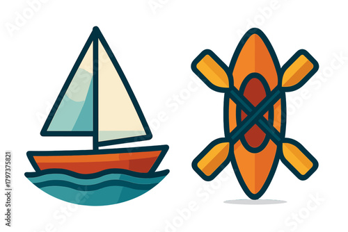 Simple sailboat on waves and orange kayak with crossed paddles icons for water sports and recreation