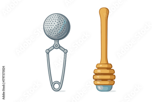 Metal tea infuser ball and wooden honey dipper isolated on white