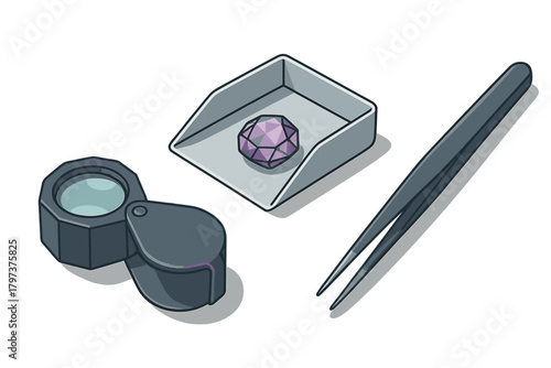 Jeweler's Tools and Faceted Purple Gemstone on White Background