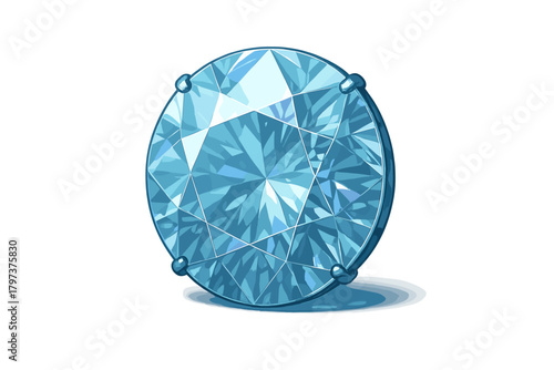 Round cut blue gemstone secured by four prongs on white background