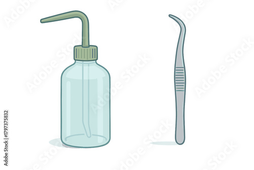 Essential medical wash bottle and curved forceps used for hygiene and laboratory work