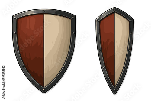 Two stylized medieval wooden shields with metal trim and split color heraldic design