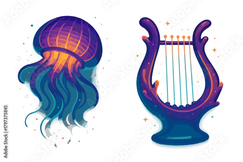 Bioluminescent jellyfish and ornate lyre musical instrument graphic