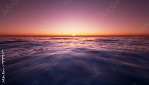 3D render of a sunset over a calm sea with pink and orange gradient sky, creating a serene, dreamy, and colorful coastal scene.