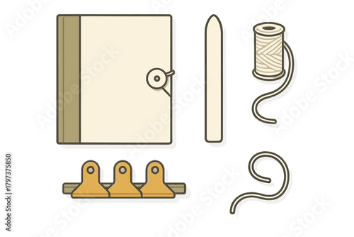 Bookbinding tools and supplies set including bone folder, thread spool, and clips