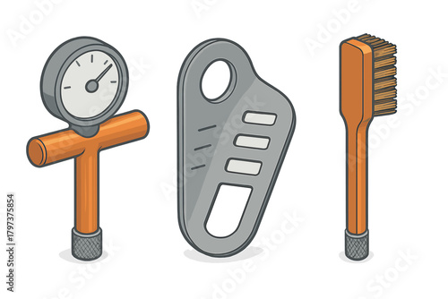 Set of essential climbing equipment featuring a pressure gauge, descender, and cleaning brush