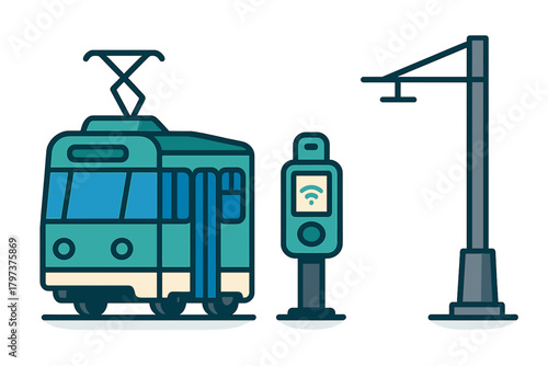 Modern public transport tram, smart payment terminal, and overhead wire pole
