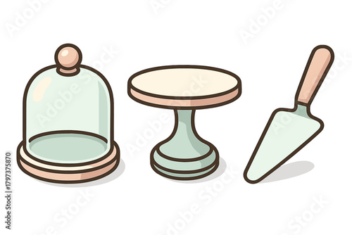 Pastry serving set with cake dome stand and server icon graphic