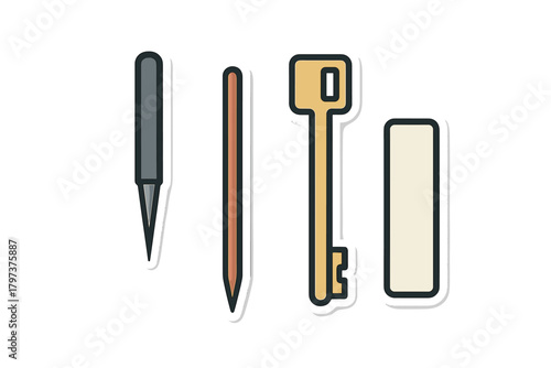 Collection of four simple sticker icons for stylus pencil key and eraser
