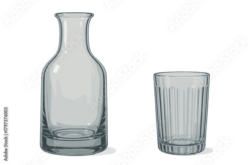 Set of clear glass carafe and ribbed drinking tumbler isolated on white background