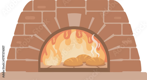 A brick oven with bread baking inside, flames visible, suggesting warmth and fresh baking.