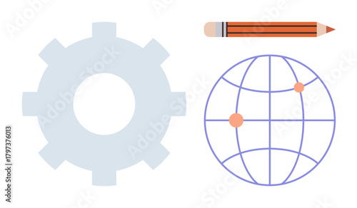 Gear symbolizing process, globe representing global reach or internet, and pencil for creativity or design. Ideal for workflow, teamwork, globalization, innovation, education, technology