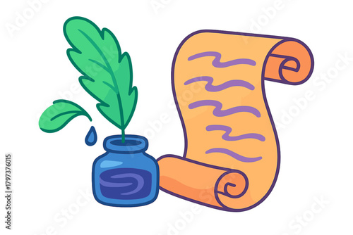 Green feather quill dipped in blue inkwell beside rolled parchment scroll