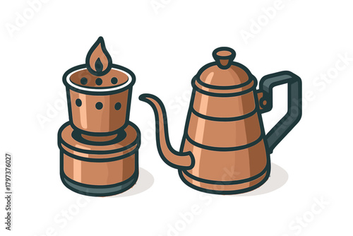 Traditional Vietnamese coffee filter and long spout kettle for hot drinks preparation