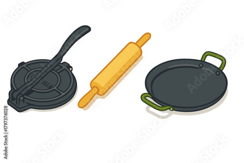 Tortilla press rolling pin and griddle cooking utensils set for flatbreads