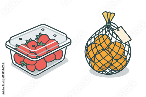 Fresh strawberries in plastic container next to oranges packaged in a mesh bag