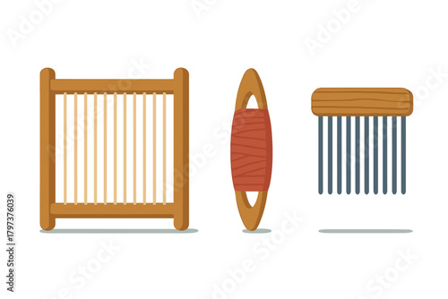 Traditional weaving tools set with loom frame, shuttle, and comb for textile craft