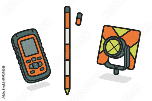 Professional surveying tools set with GPS receiver, prism reflector, and measuring pole