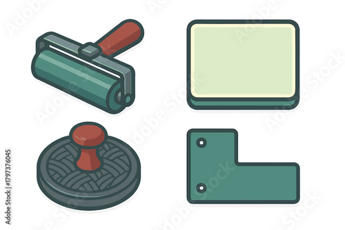 Isometric icons of four graphic design and printmaking tools