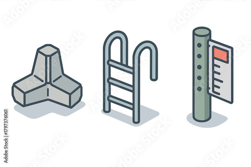 Isometric concrete tetrapod, swimming pool ladder, and depth marker pole objects