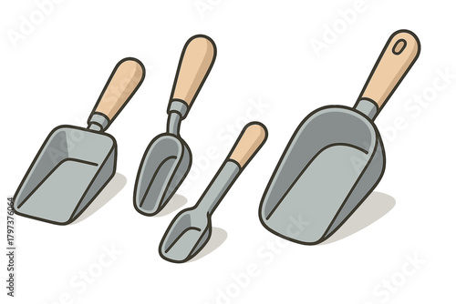 Various sized metal scoops with light wooden handles for measuring