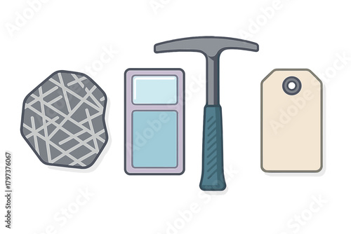 Geology tools and rock sample icons set for field research