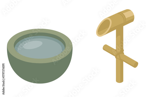 Isometric view of Japanese stone water basin with bamboo spout