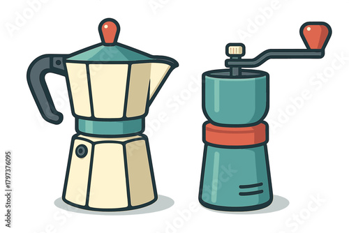 Classic Moka pot stovetop espresso maker and manual coffee grinder set