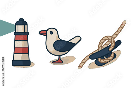 Set of nautical symbols: lighthouse, seabird, and rope cleat