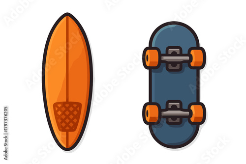 Orange surfboard and blue skateboard icons for summer extreme sports and outdoor activities