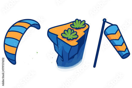 Striped kite, rocky cliff island with green plants, and windsock for wind direction