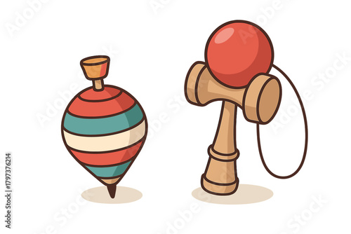 Colorful vintage spinning top and classic wooden kendama traditional Japanese toy