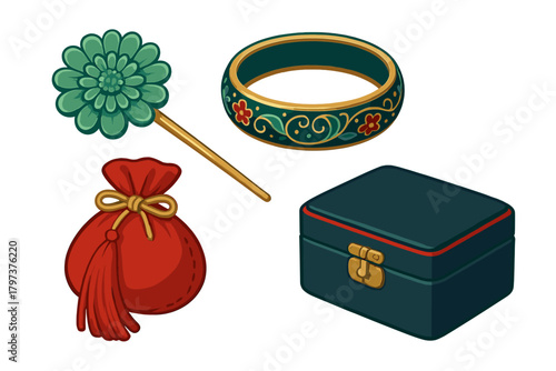 Ornate traditional Asian jewelry and accessory assortment