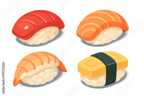 Set of four Japanese nigiri sushi pieces: tuna, salmon, shrimp, and tamago
