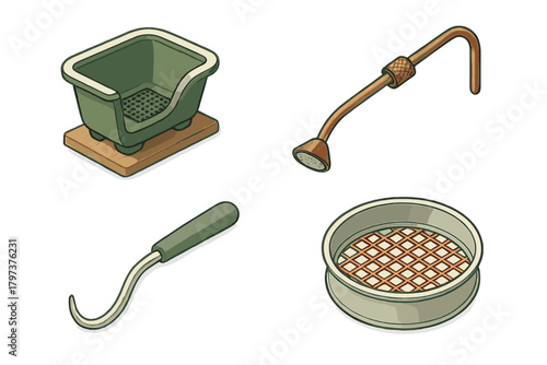 Isometric set of gardening and pet care tools including litter box soil sifter and scoop