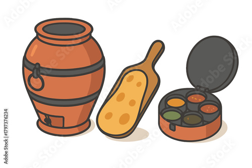 Traditional Indian Tandoor oven, wooden bread paddle, and Masala Dabba spice container set