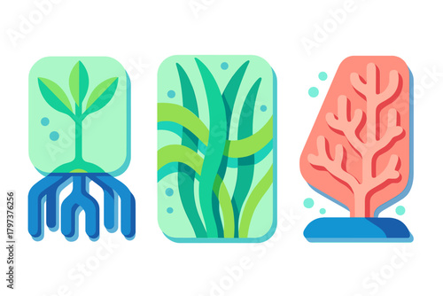 Stylized set of aquatic plant life, flowing seaweed, and branching coral