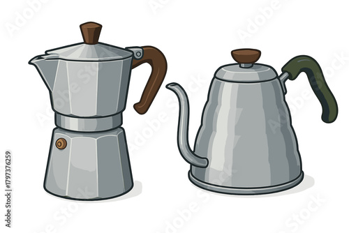 Classic Moka pot and modern gooseneck kettle for brewing coffee