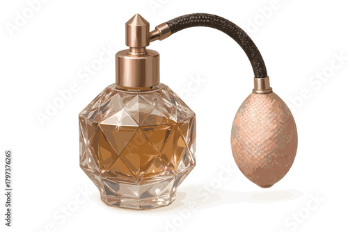 Elegant vintage perfume bottle with faceted glass design and golden atomizer pump on a white background